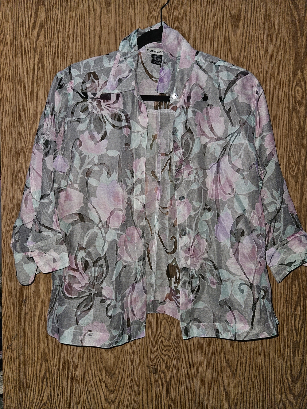 Notations Sheer Floral Button-Up Blouse in Gray and Pink